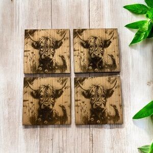 Handmade Laser Engraved Highland Cow Coasters Home Decor